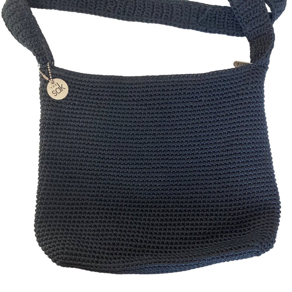 The Sak Black Crochet Shoulder Bag Lined Pockets Handmade Boho Festival Goth